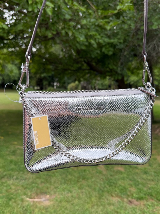 Michael Kors Handbags - Michael Kors Jet Set Medium Pouchette Silver Metallic Snake Embossed NWT